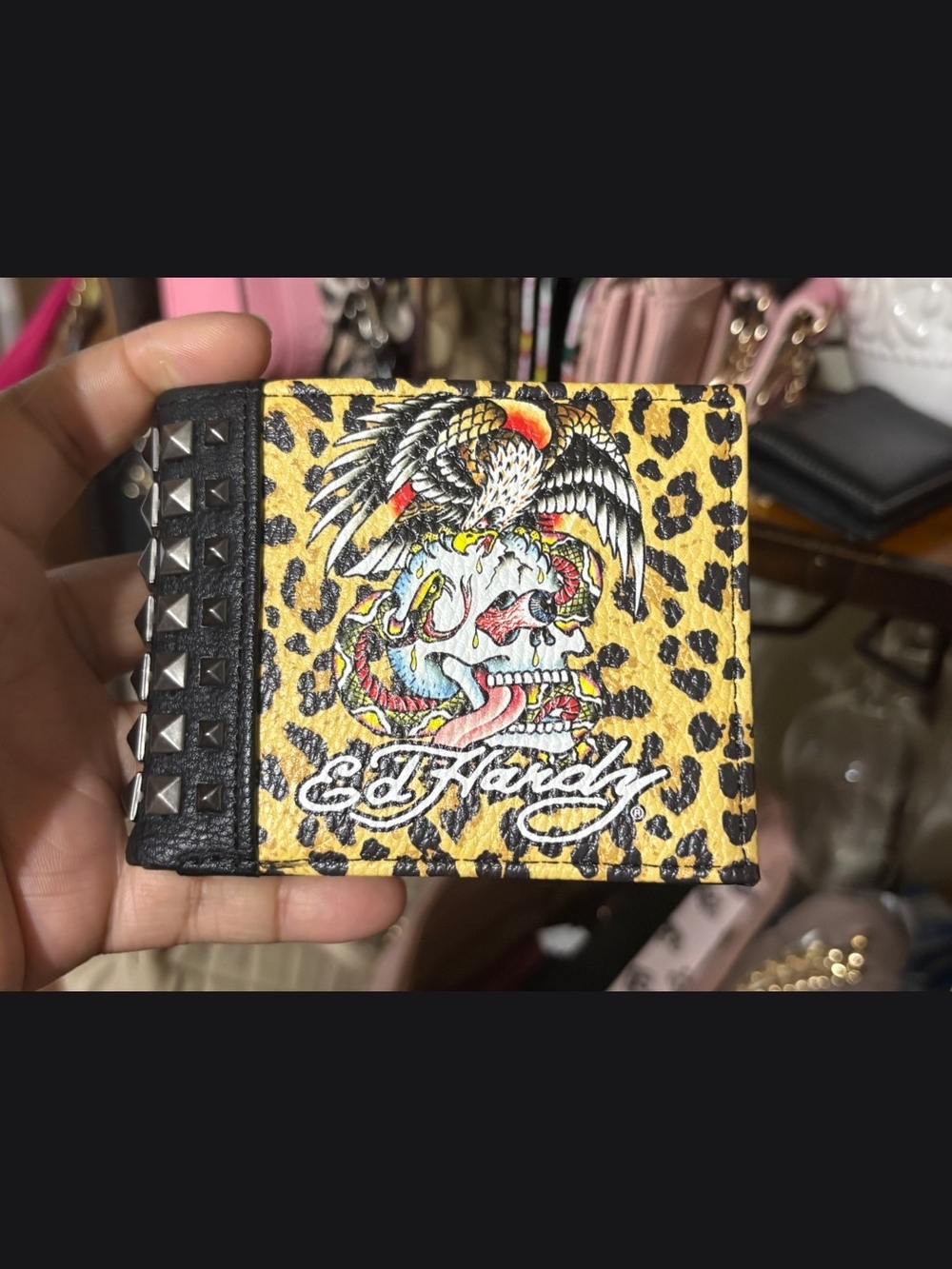Ed Hardy Leopard Print Studded Bi-Fold Wallet - Yellow